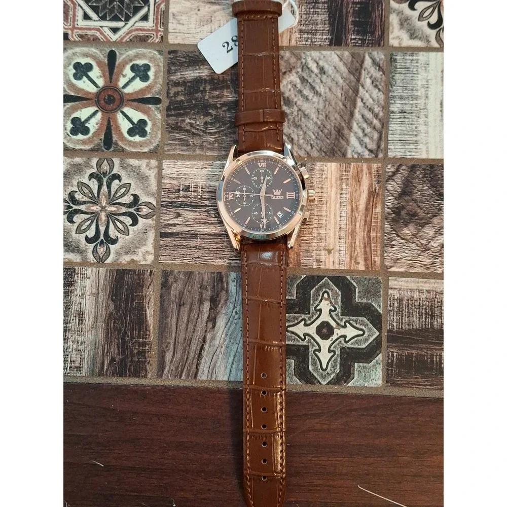 NIB OLEVS 2872G Mens Chrono,Quartz Movement Watch. Brown Dial& Strap. Stainless.